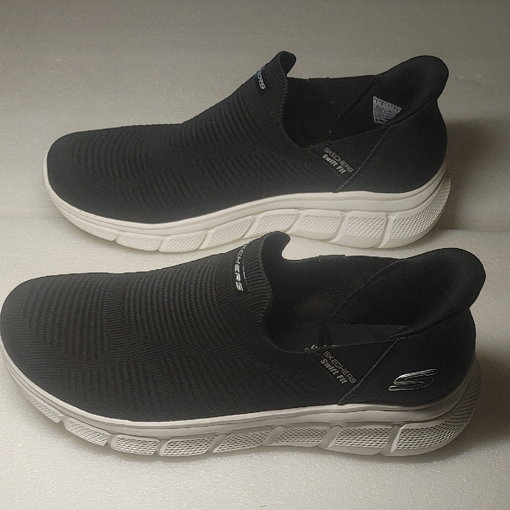 Skechers Women's Black Knit Slip-On Sneakers with White Sole